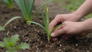 mains plantant des bulbes d'été dans un sol préparé au printemps