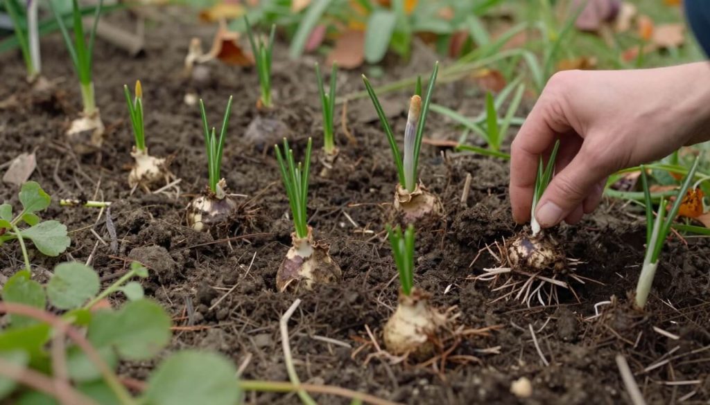 plantation de bulbes colchique et crocus dans un sol naturel