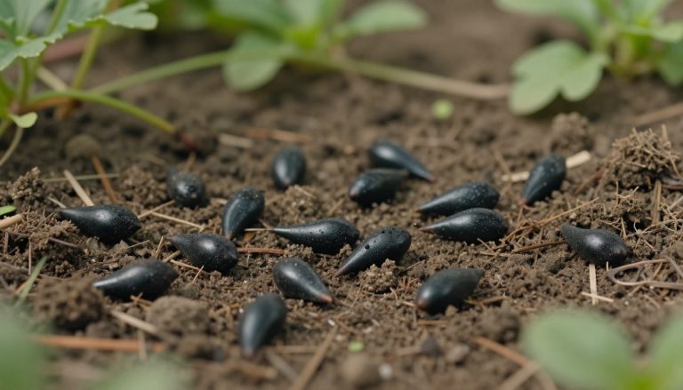 crottes de souris fines et noires sur sol naturel de jardin