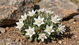 edelweiss blanc velouté sur sol rocheux calcaire alpin