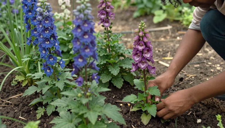 jardin naturel avec dahlias delphiniums digitales en terre
