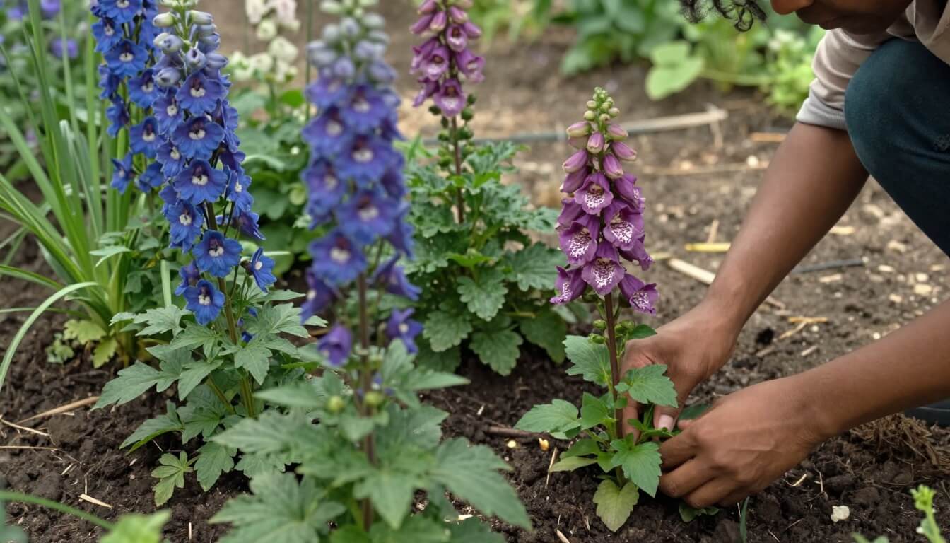 jardin naturel avec dahlias delphiniums digitales en terre
