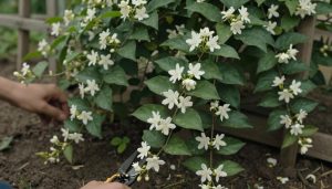 grimpante jasmin blanc en jardin naturel avec feuillage vert