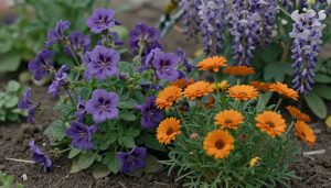 fleurs en G variées dans un jardin naturel en lumière douce