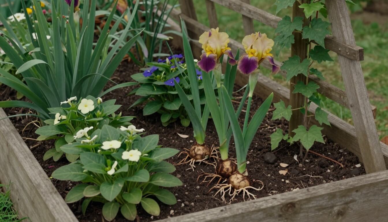 massif de fleurs en I avec iris, impatiens et ipomée au jardin