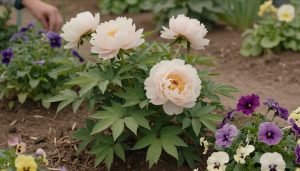 massif de fleurs en P avec pivoines et pétunias colorés
