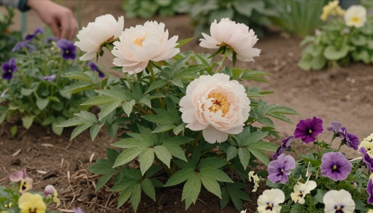 massif de fleurs en P avec pivoines et pétunias colorés