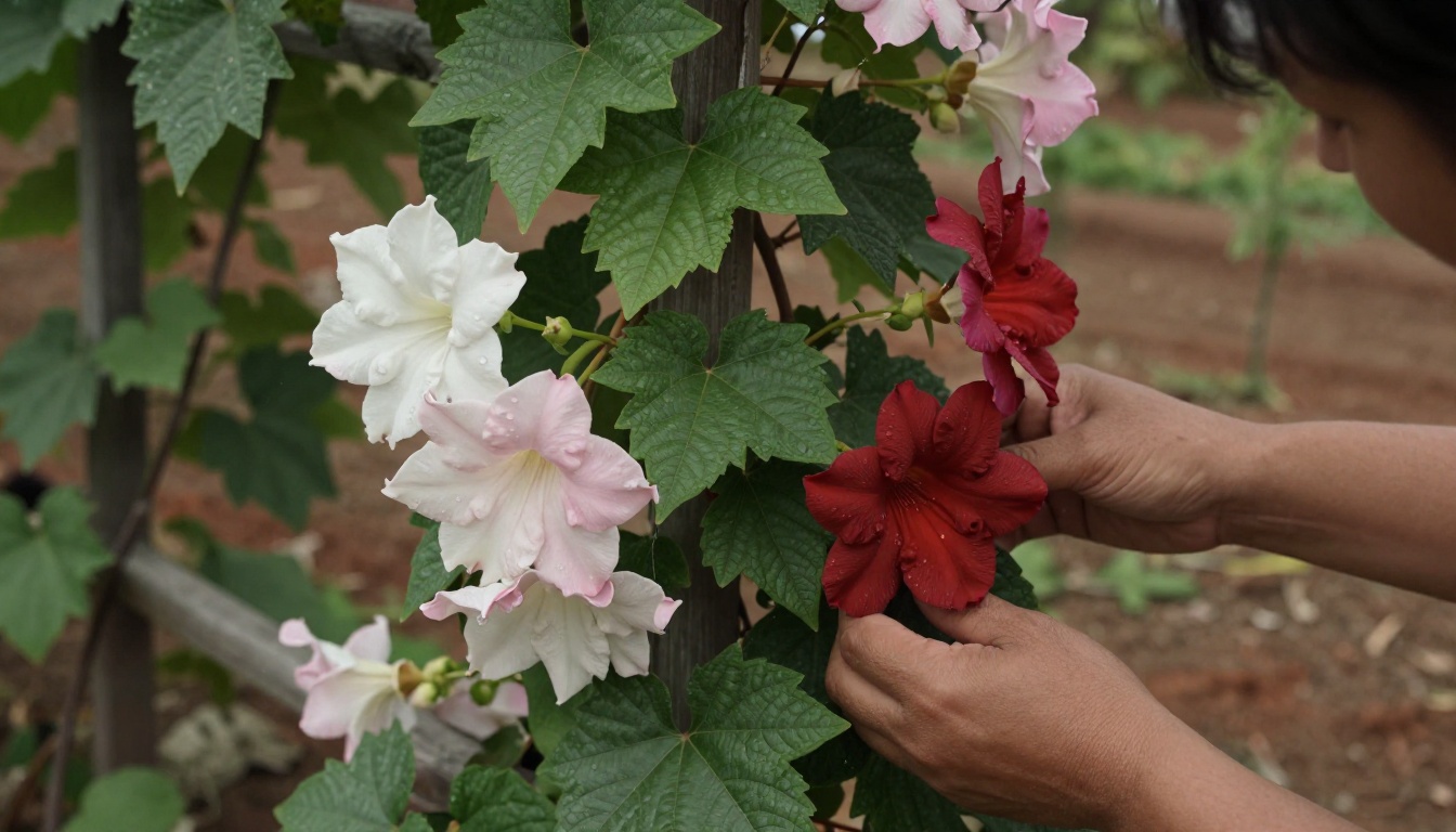 vigne de quisqualier avec fleurs blanches roses rouges