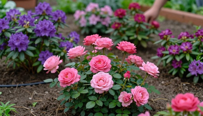 fleurs en R variées avec rose, renoncule, rhododendron en jardin