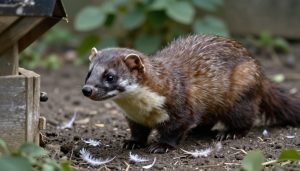 fouine près d'un poulailler avec plumes dispersées au sol