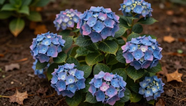 arbuste hortensia avec fleurs bleues et roses en automne