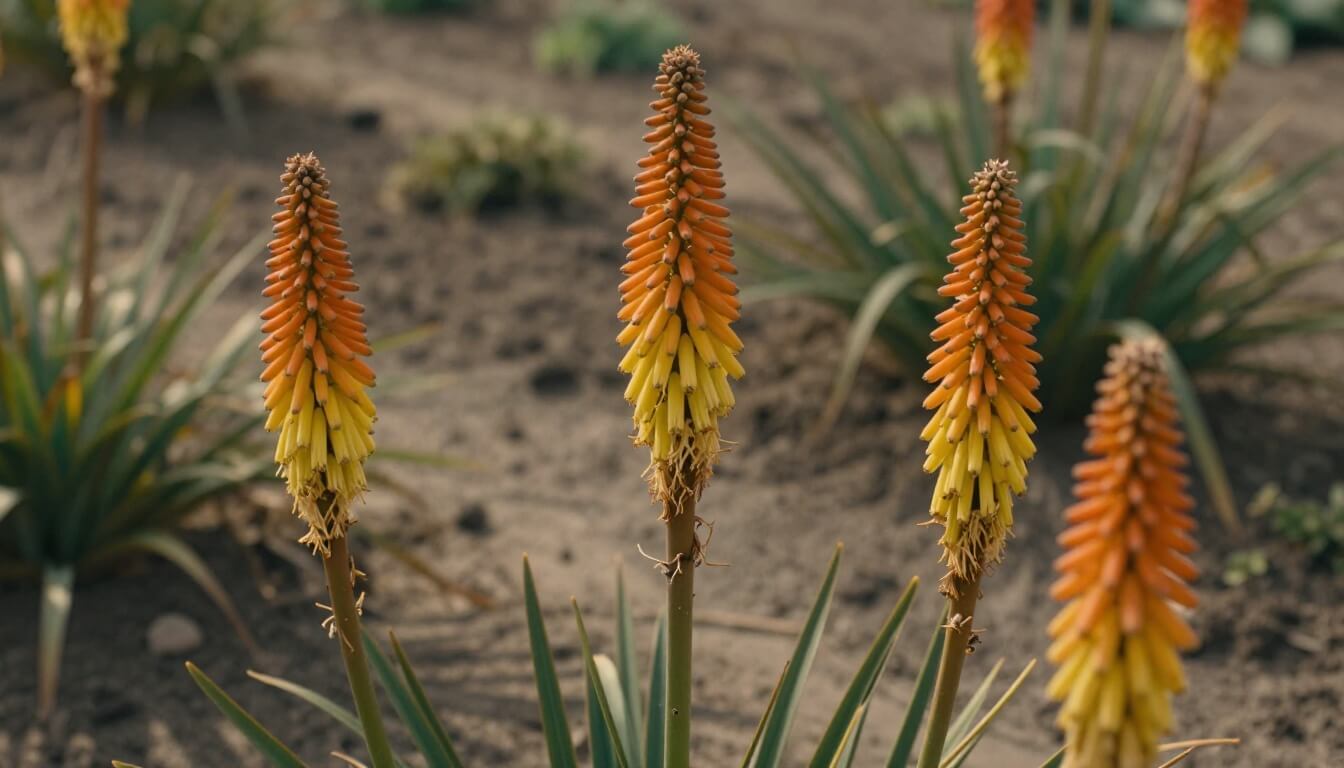 Kniphofia en fleurs dans un jardin sec ensoleillé