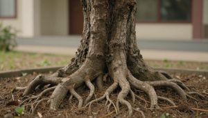 racines étendues du paulownia près des fondations d'une maison