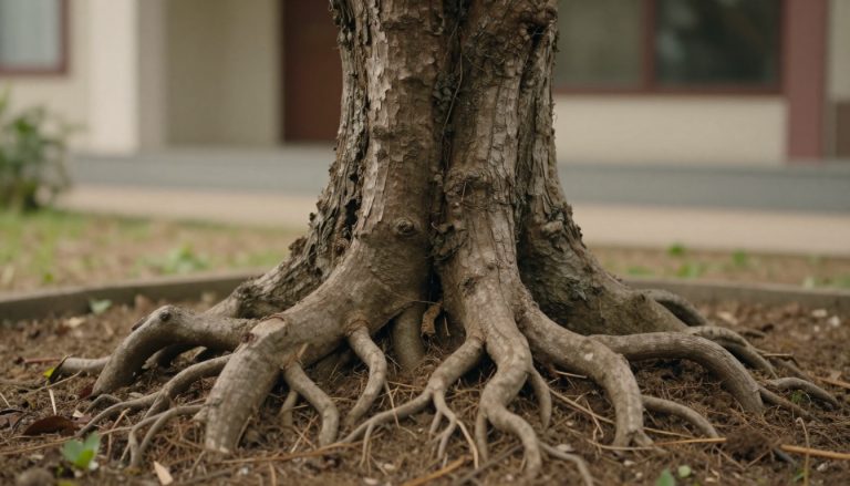 racines étendues du paulownia près des fondations d'une maison
