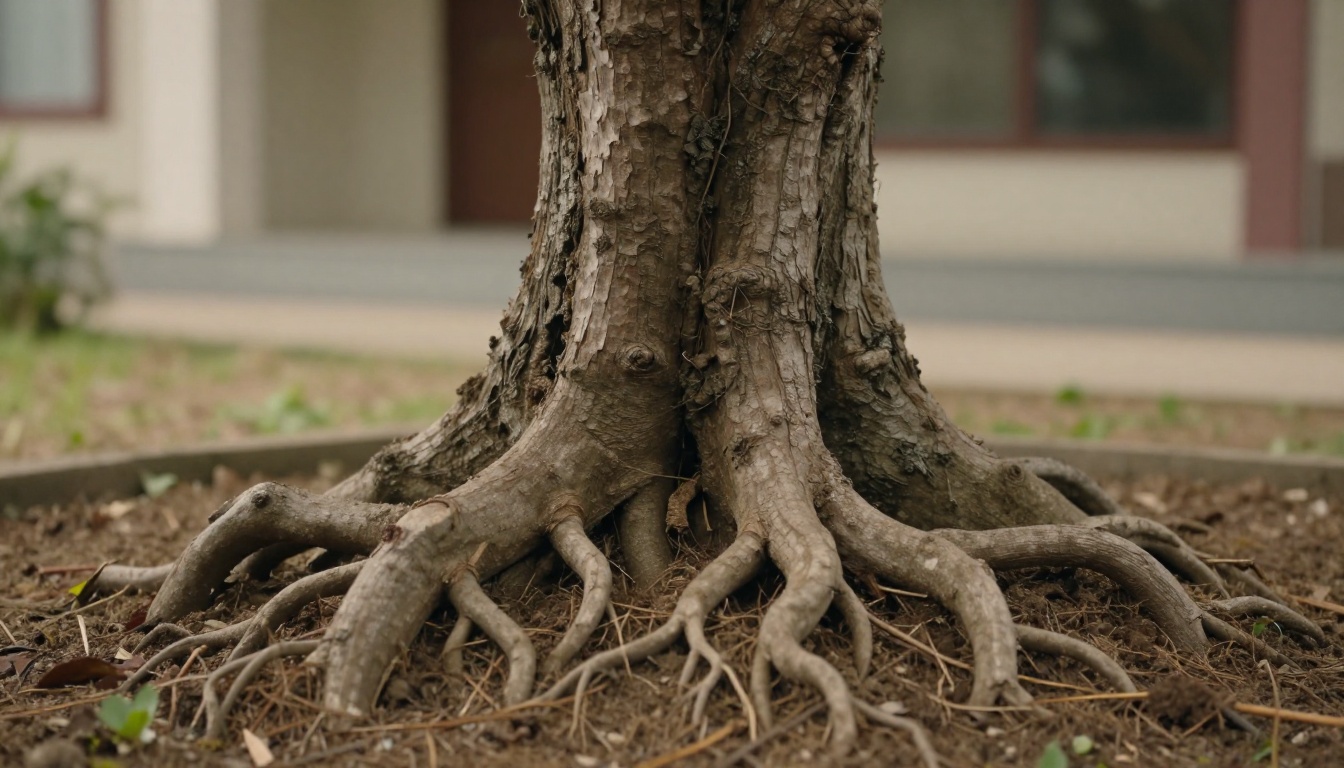 racines étendues du paulownia près des fondations d'une maison