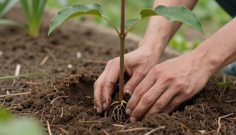 plantation d'un jeune arbre fruitier en terre en novembre
