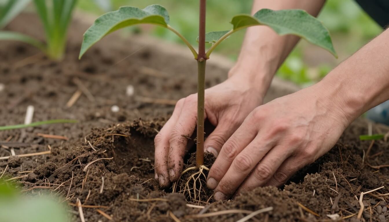 plantation d'un jeune arbre fruitier en terre en novembre
