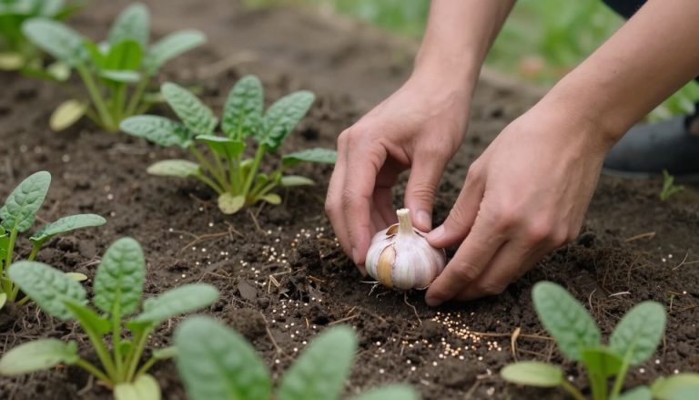 semis d'ail et épinards dans sol de potager en octobre