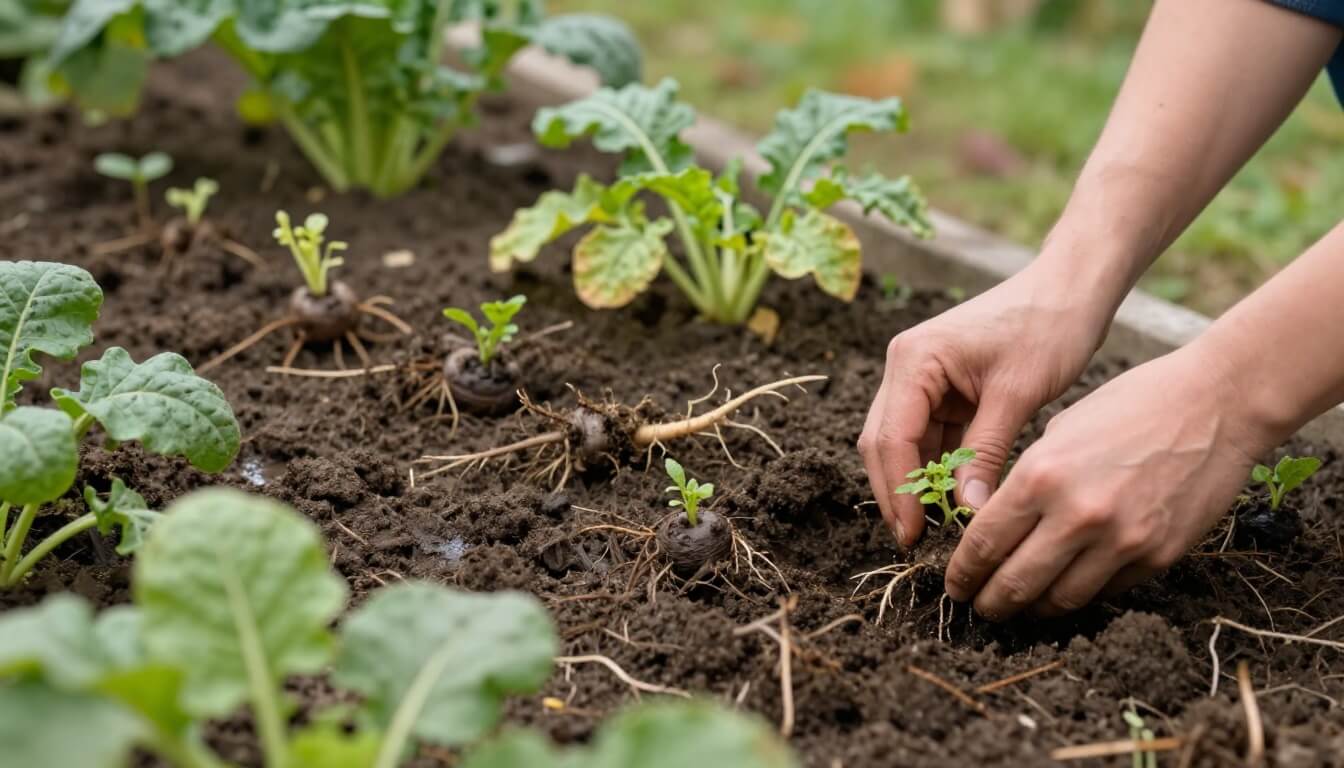 potager en septembre avec légumes-feuilles et racines plantés