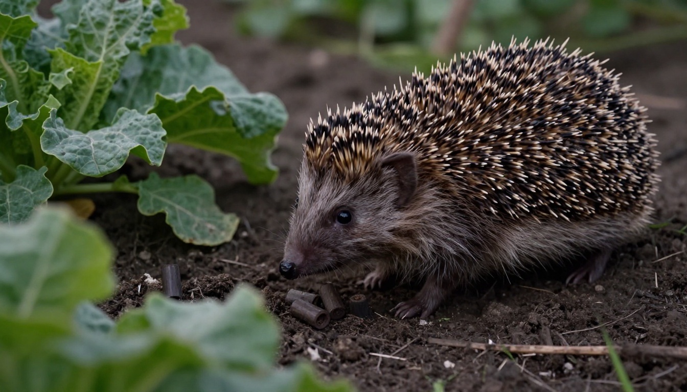 hérisson près du potager avec crottes visibles sur le sol