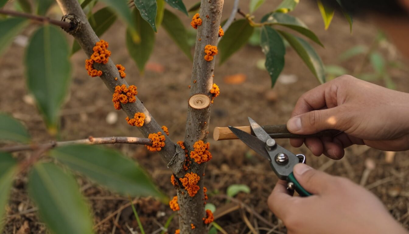 branches d'arbre de Judée avec pustules orange et taille sanitaire