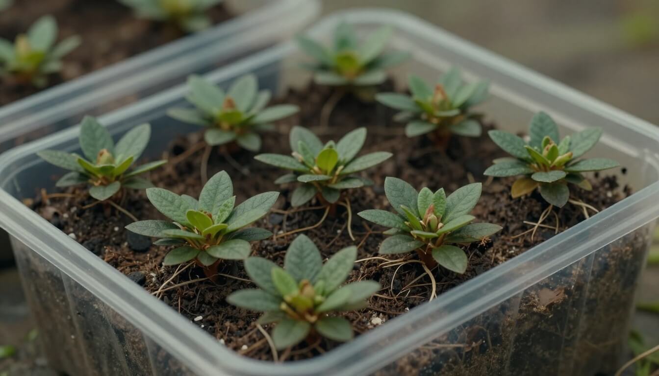 boutures d'azalée sous cloche dans substrat humide naturel