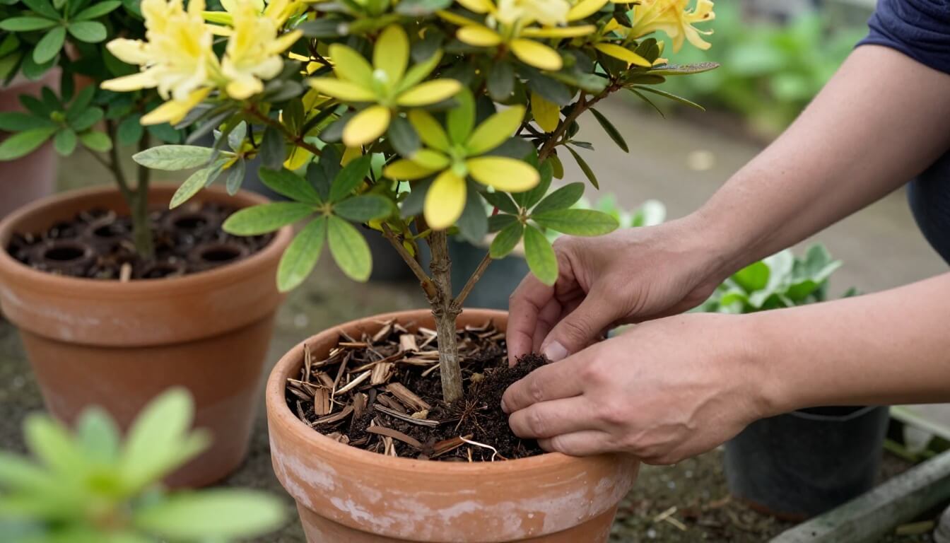 mains jardinier vérifiant sol et feuilles jaunies d'azalée