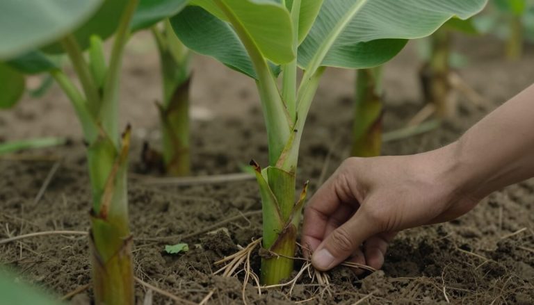 jeune rejet de bananier sain au pied d'un plant mature