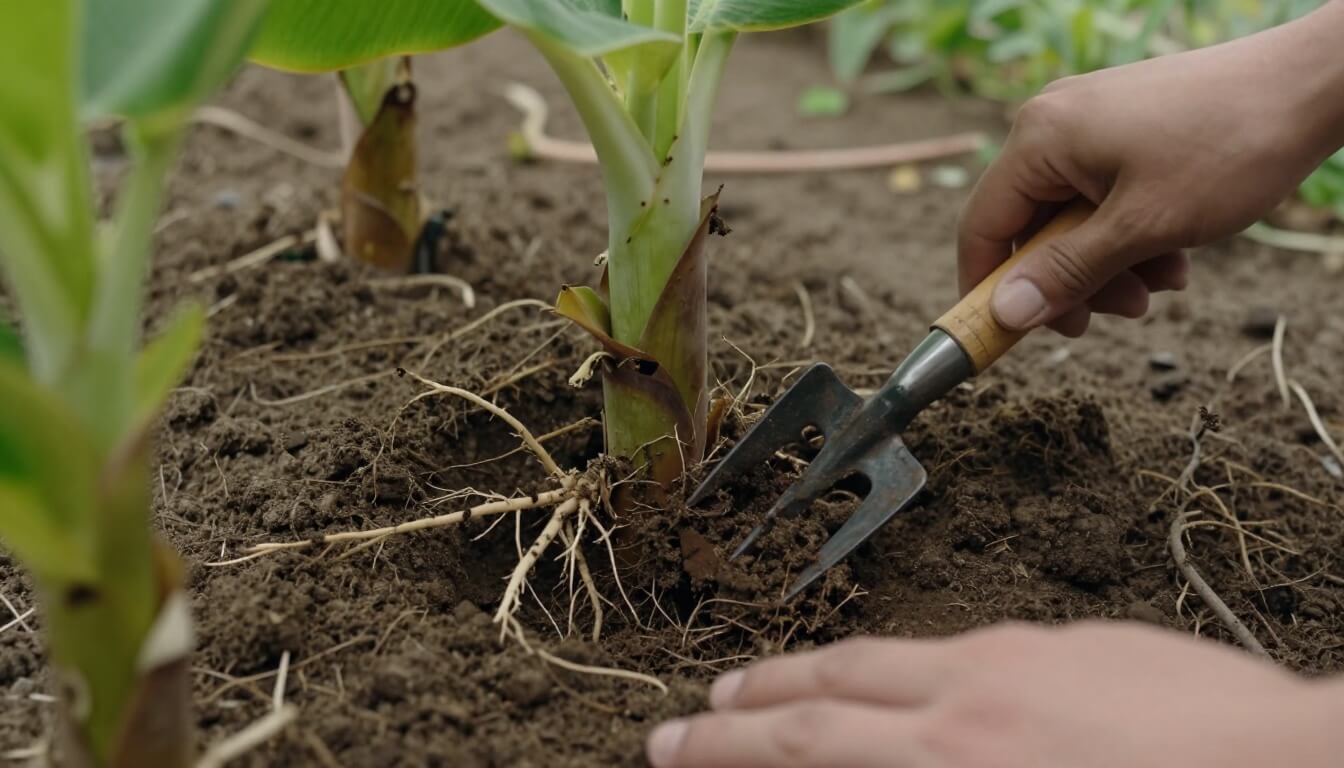 mains dégageant délicatement la terre autour d'un rejet de bananier