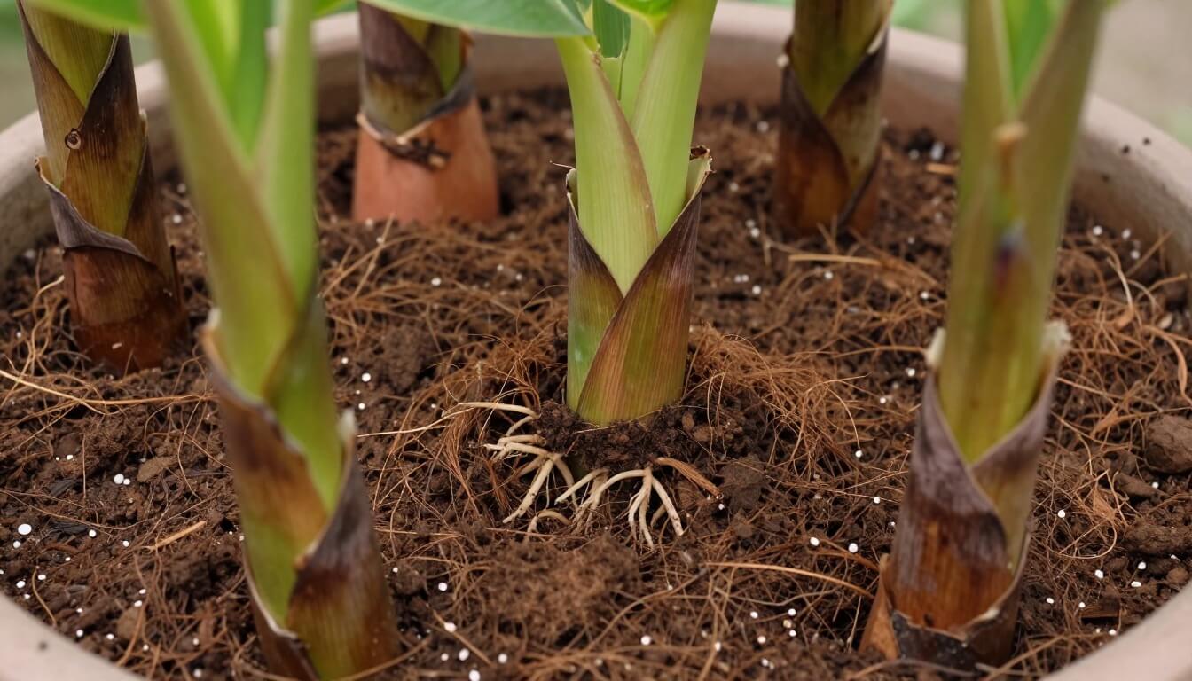 substrat préparé dans un pot avec un jeune rejet de bananier planté