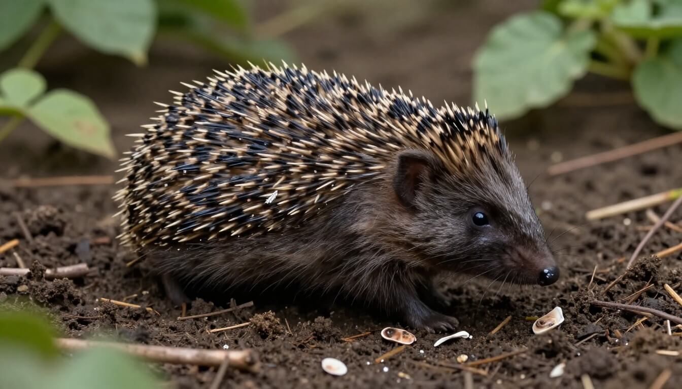 détail rapproché d'une crotte de hérisson noire aux fragments visibles