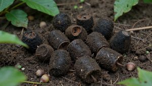 gros plan crottes de sanglier fragmentées avec débris végétaux