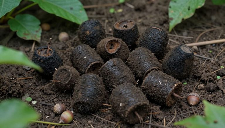 gros plan crottes de sanglier fragmentées avec débris végétaux