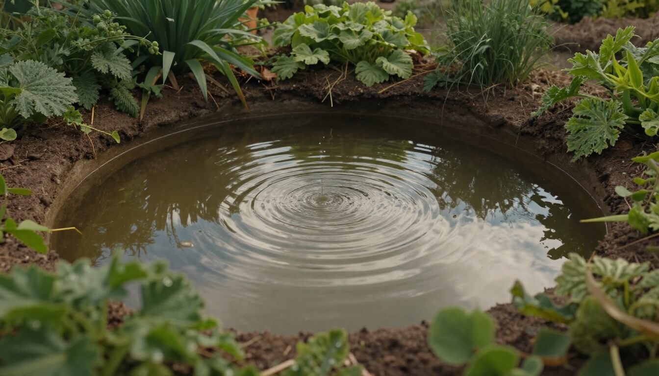 bassin découvert en jardin avec eau claire sous soleil naturel