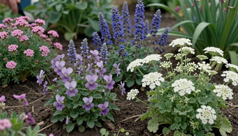 massif de fleurs en V avec violette verveine véronique valériane