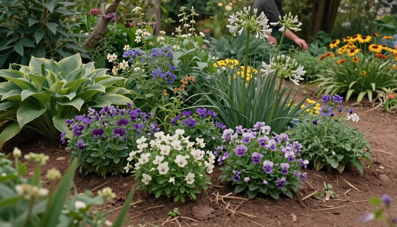 massif de fleurs en V avec vivaces compagnes en jardin naturel