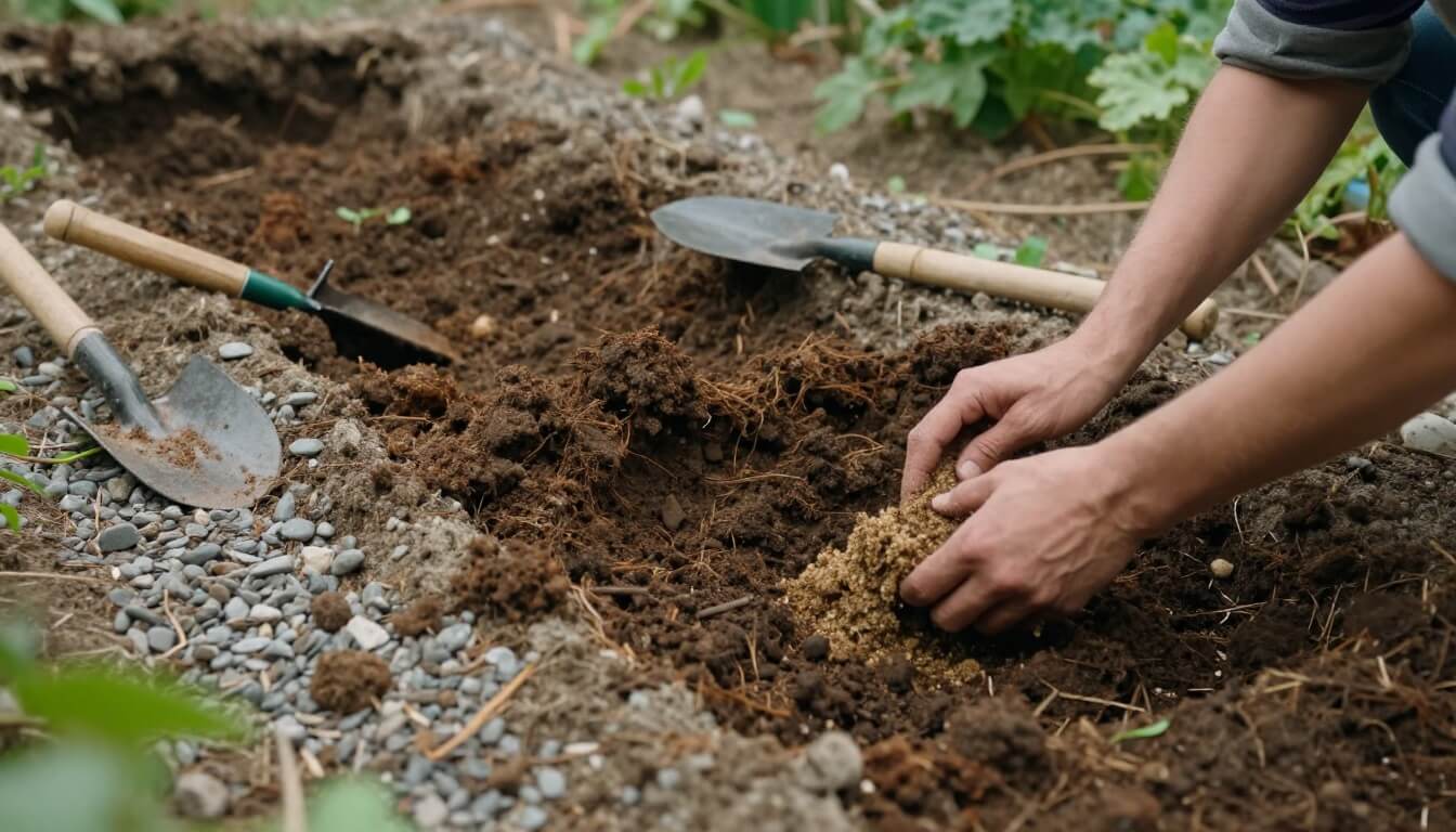 trou de plantation préparé avec gravier et mélange de terre