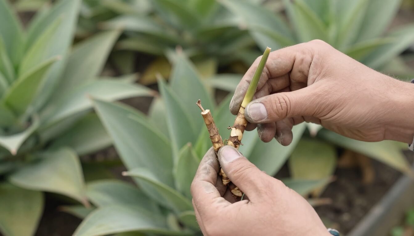 mains examinant tiges de yucca saines en pépinière extérieure