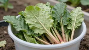feuilles de rhubarbe fraîches dans un seau en plastique