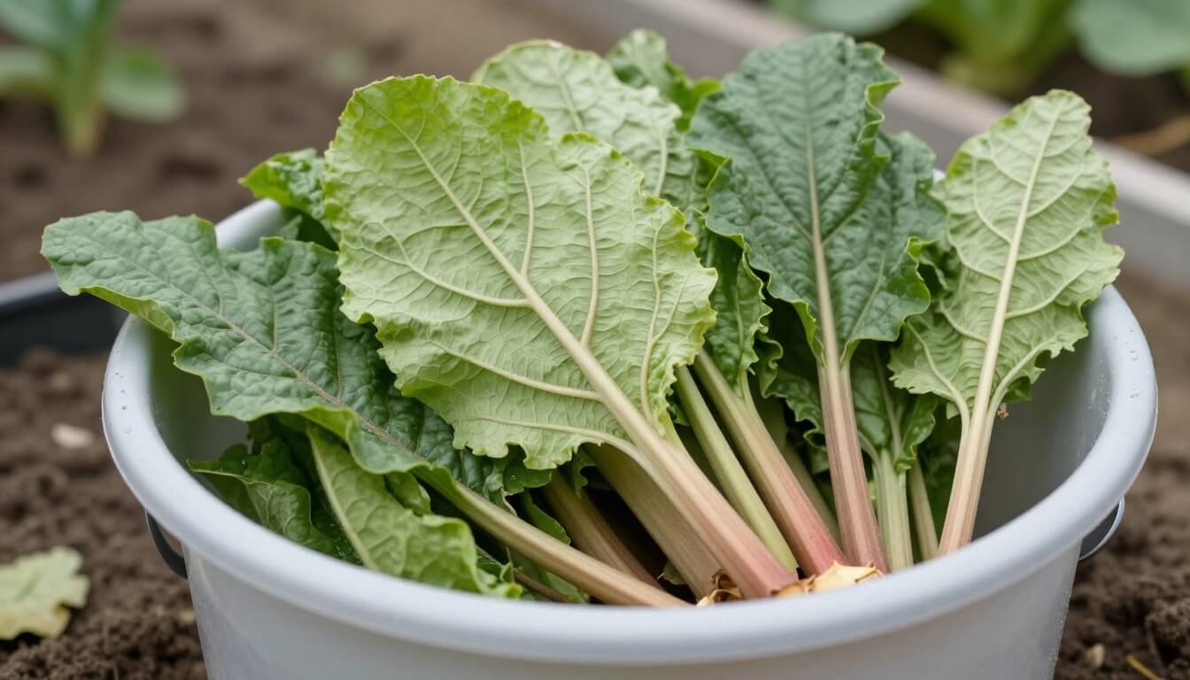feuilles de rhubarbe fraîches dans un seau en plastique