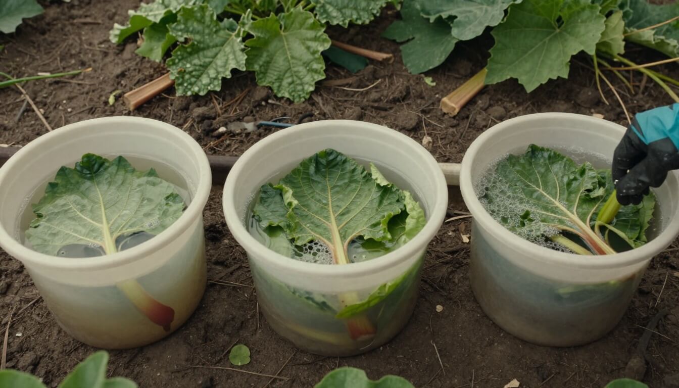 trois contenants en plastique avec feuilles de rhubarbe en fermentation
