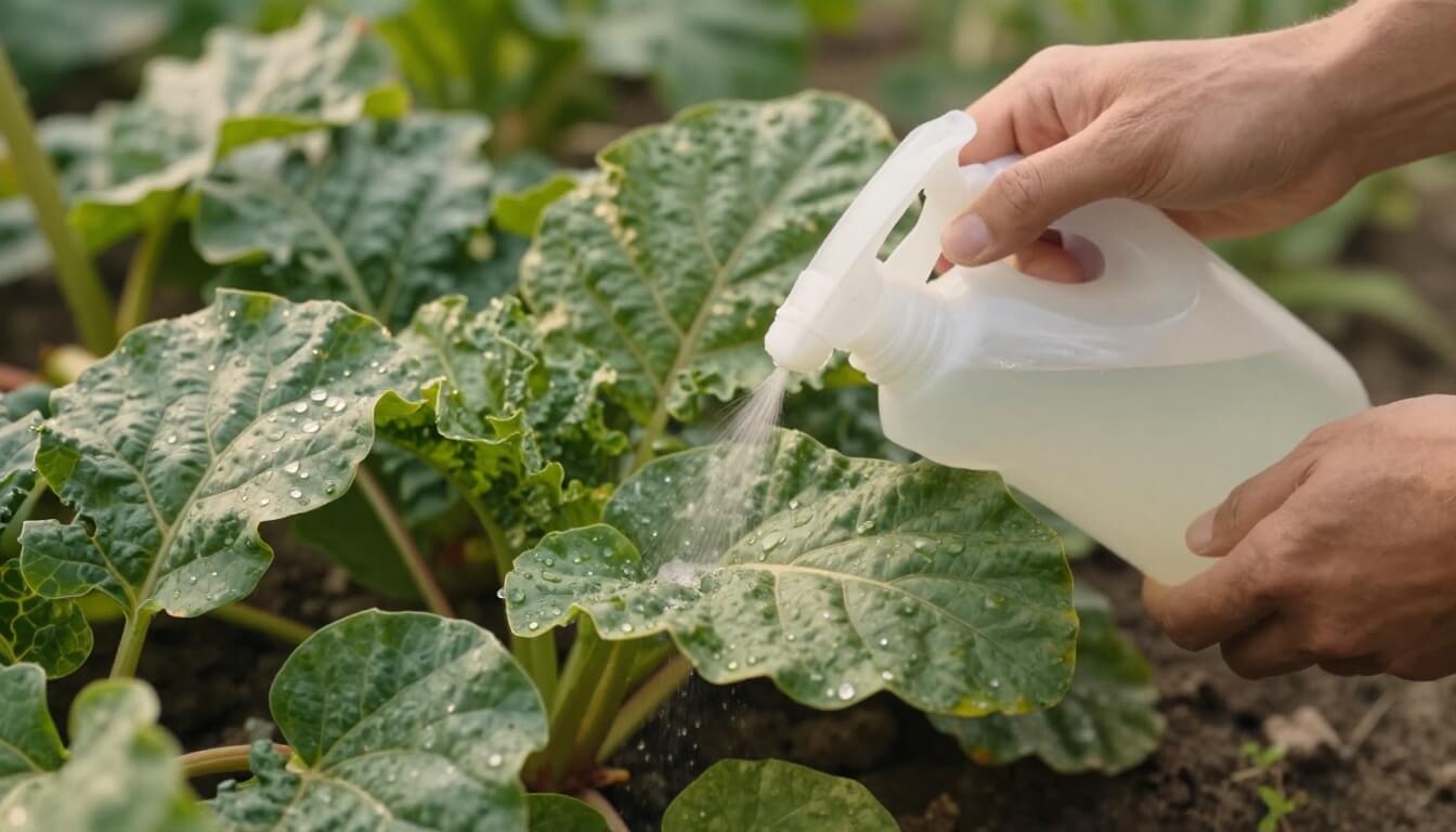 mains pulvérisant purin de rhubarbe dilué sur feuilles de légumes