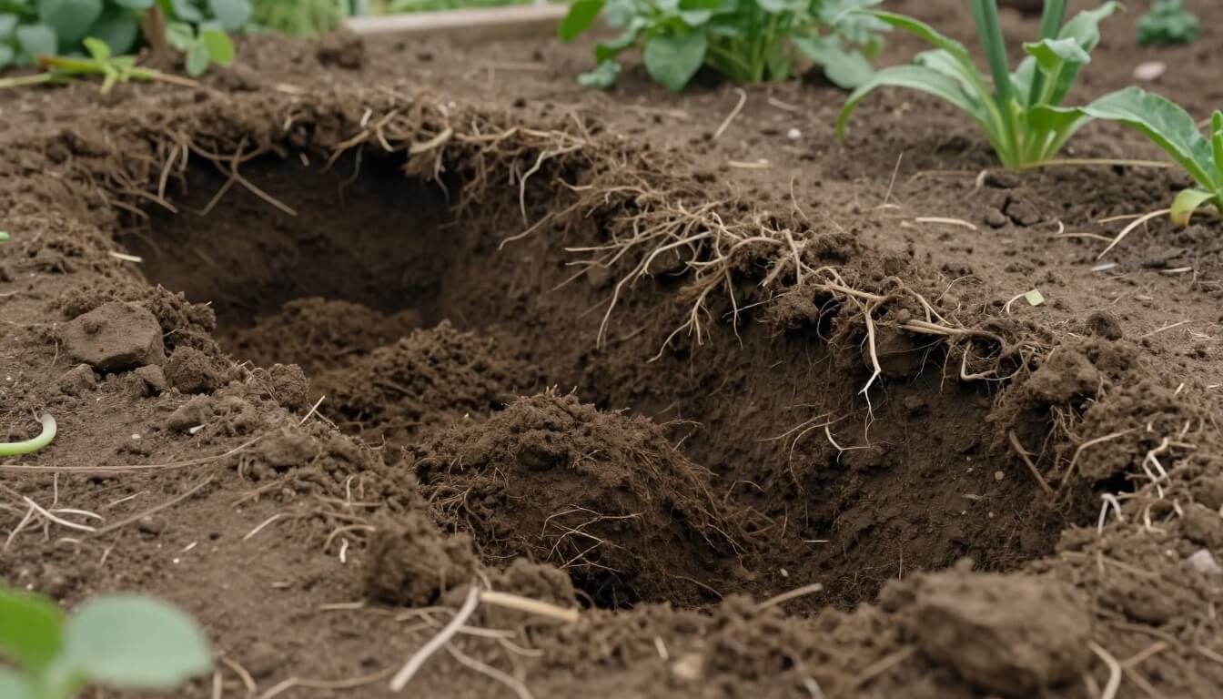 sol de jardin avec galerie creusée par une taupe active