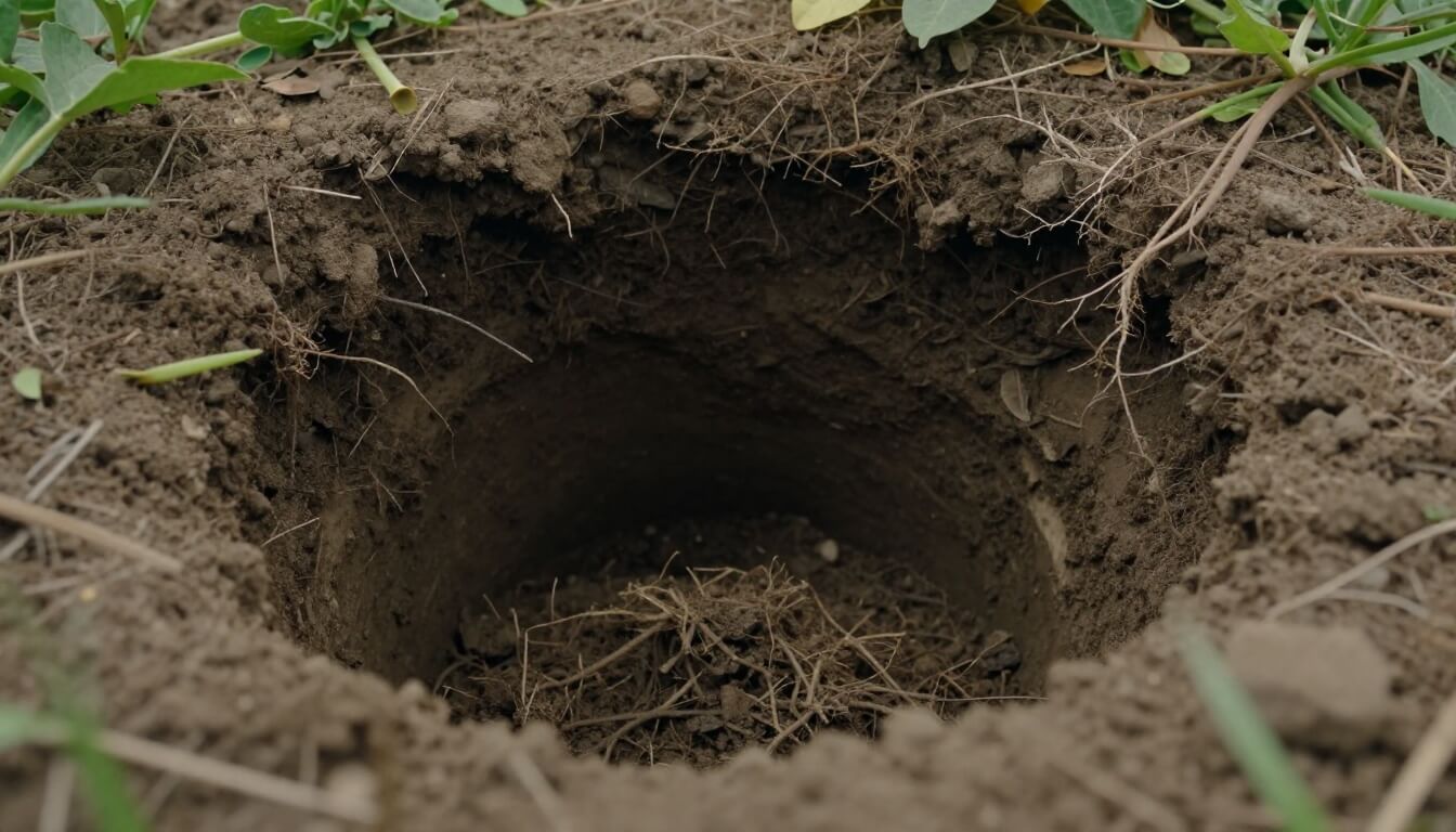 entrée de galerie de taupe solitaire avec monticule de terre fraîche