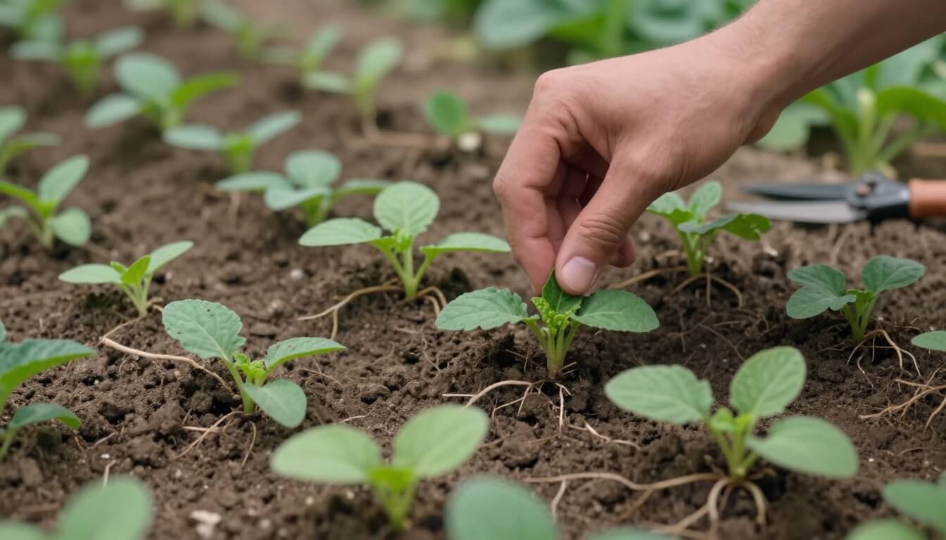 main choisissant une jeune plante adaptée dans un jardin naturel