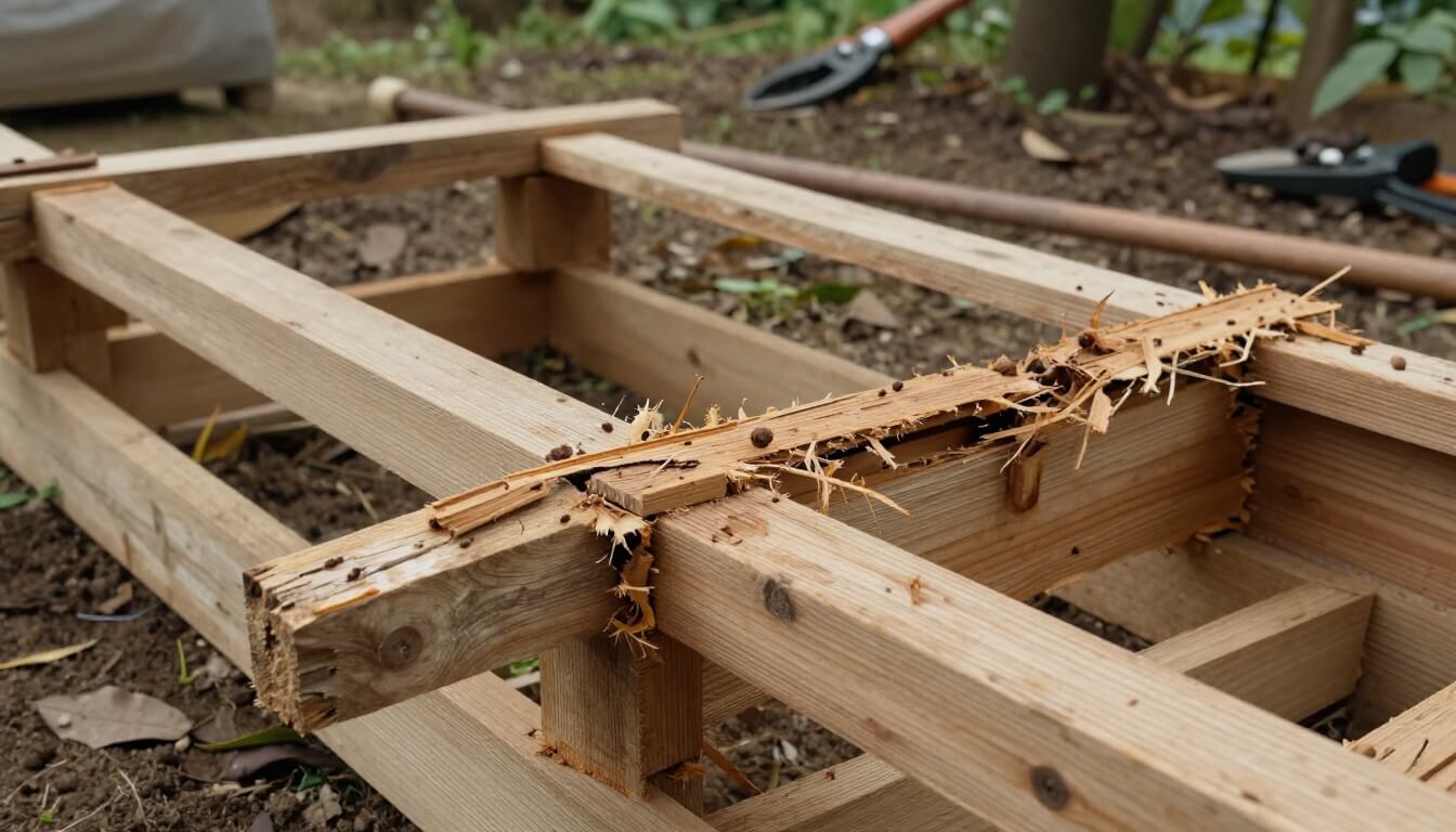 structure bois extérieure endommagée par termites visible