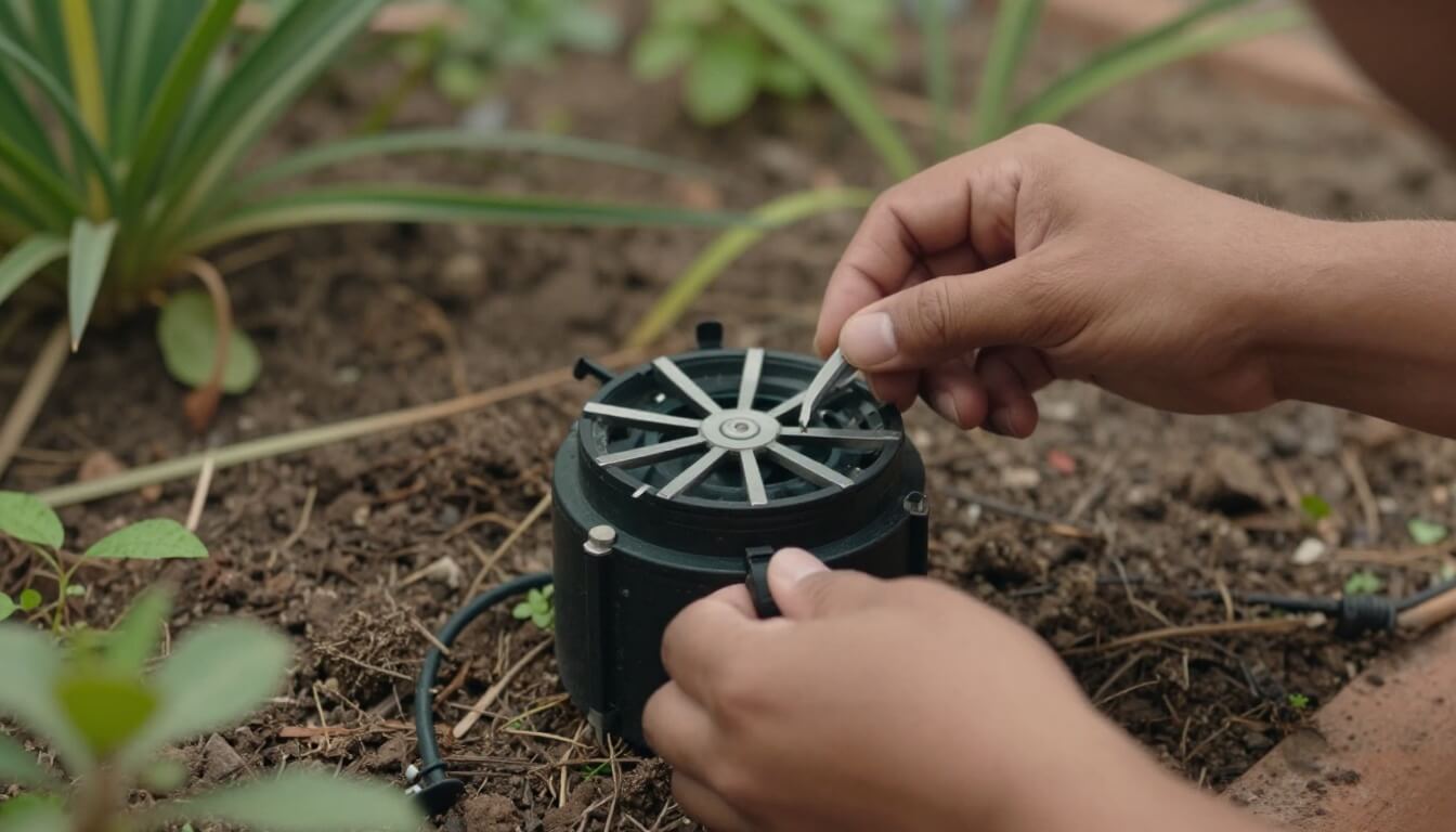 mains réglant pompe à chaleur piscine en jardin naturel