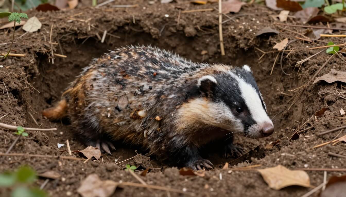 gros plan crotte de blaireau dans fosse forestière naturelle