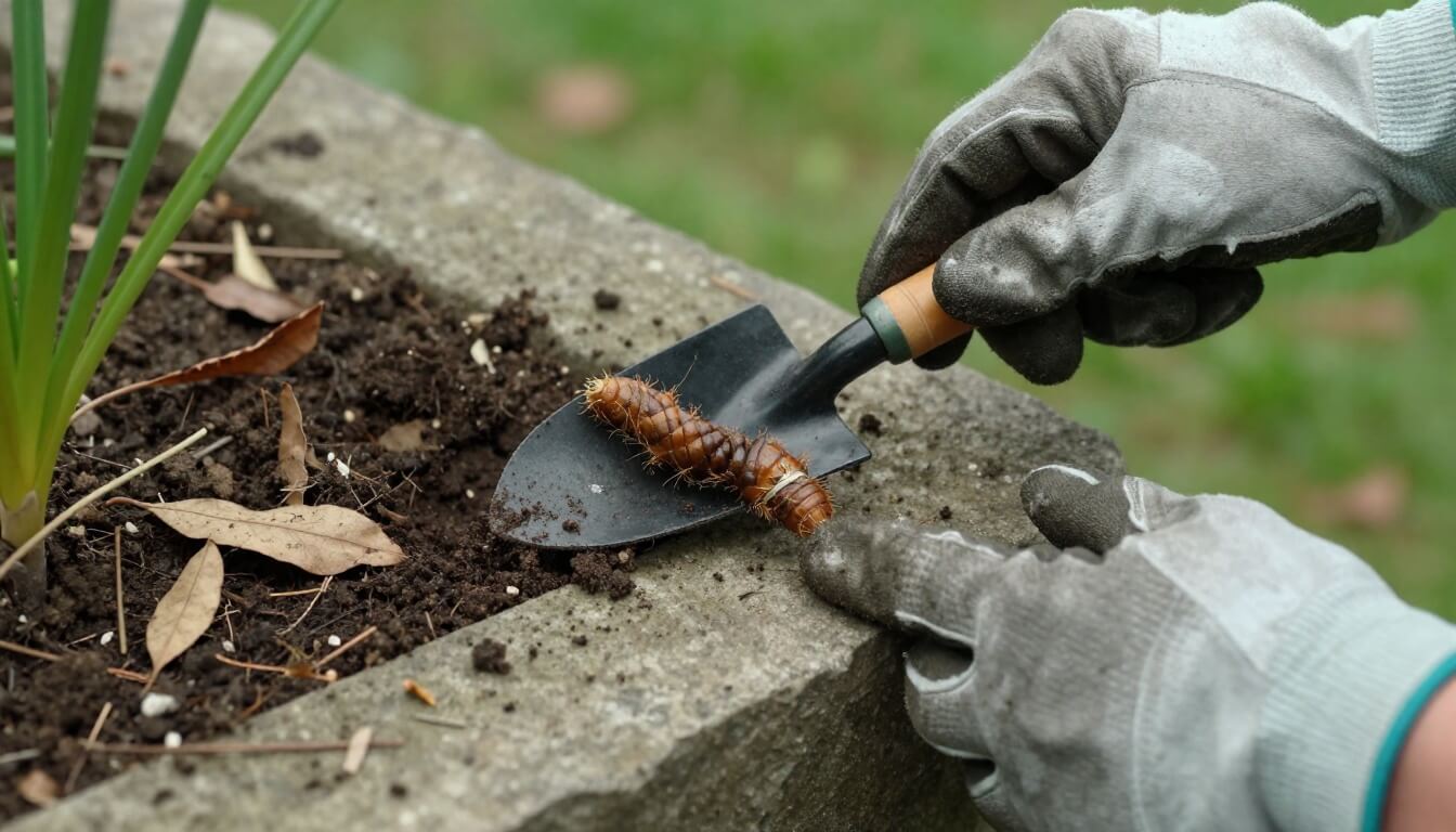 main gantée ramassant crotte de renard dans jardin