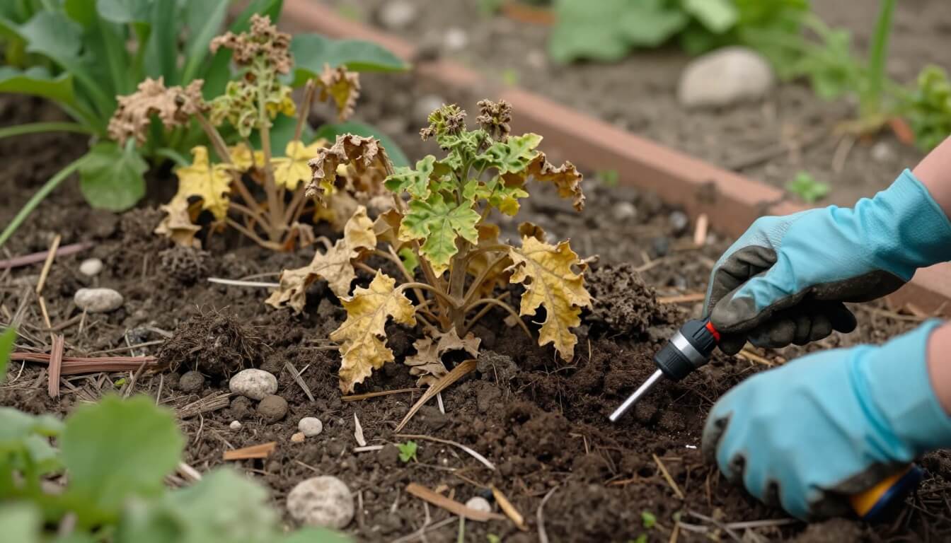 plantes jaunies et sol traité au chlore dans un jardin naturel